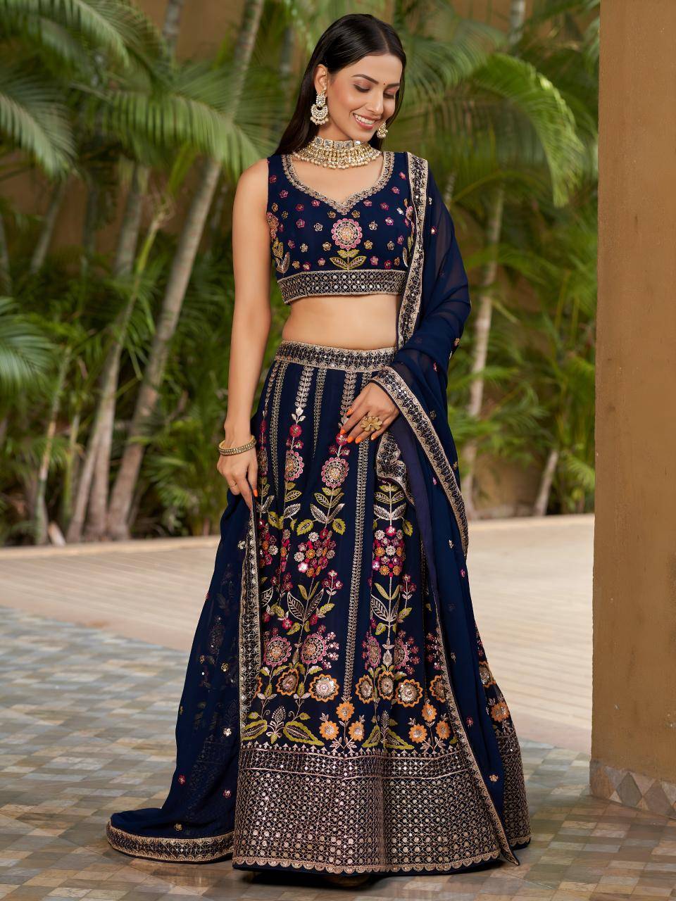 Olive Embroidered Georgette Blue Party wear lehenga choli at wholesale prices